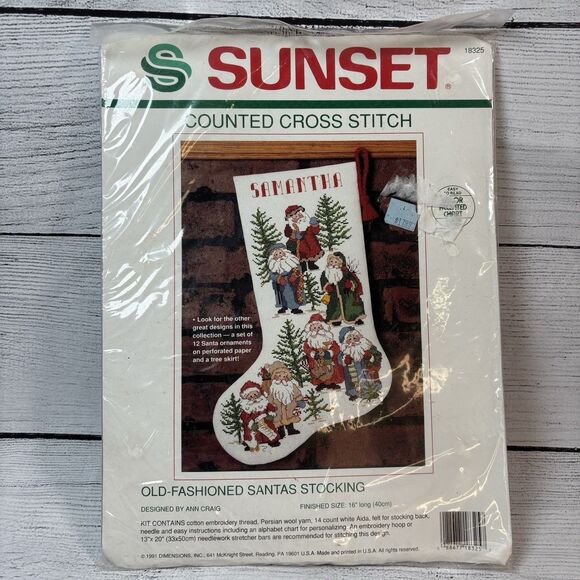 SUNSET Counted Cross Stitch "Old-Fashioned Santas Stocking" Kit 18325 Vtg 1991 - Picture 1 of 3